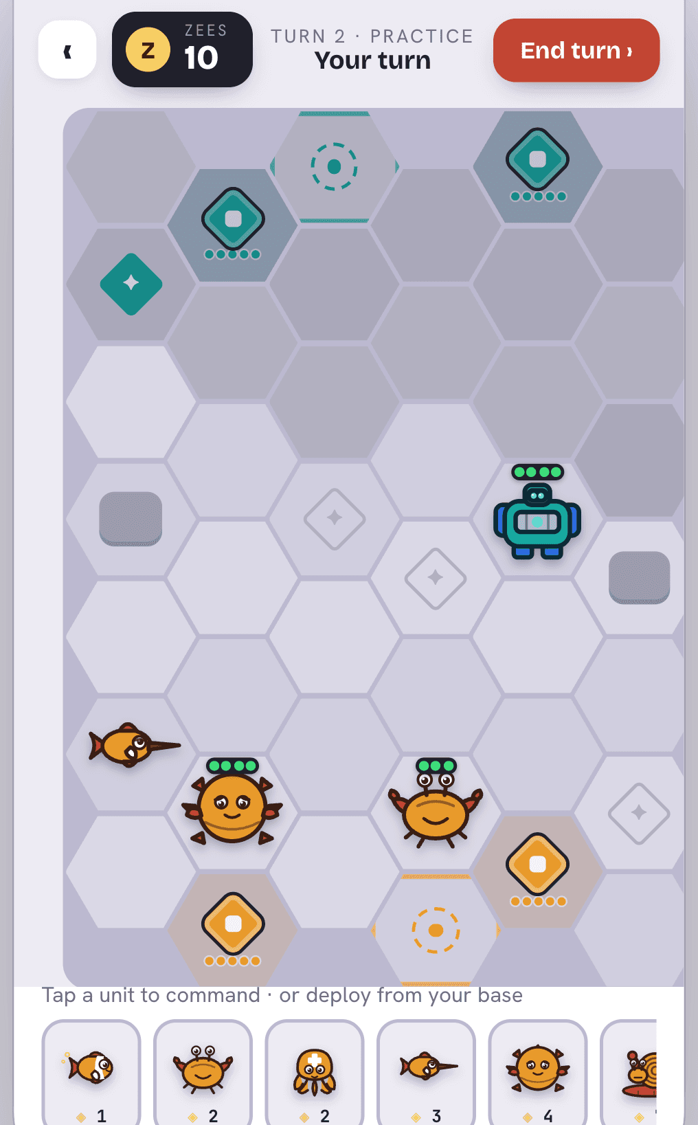 A RuZe match in progress on a hex grid. An enemy Raiders robot has been spotted through the fog of war, while the rest of the far side of the board is still hidden from view.