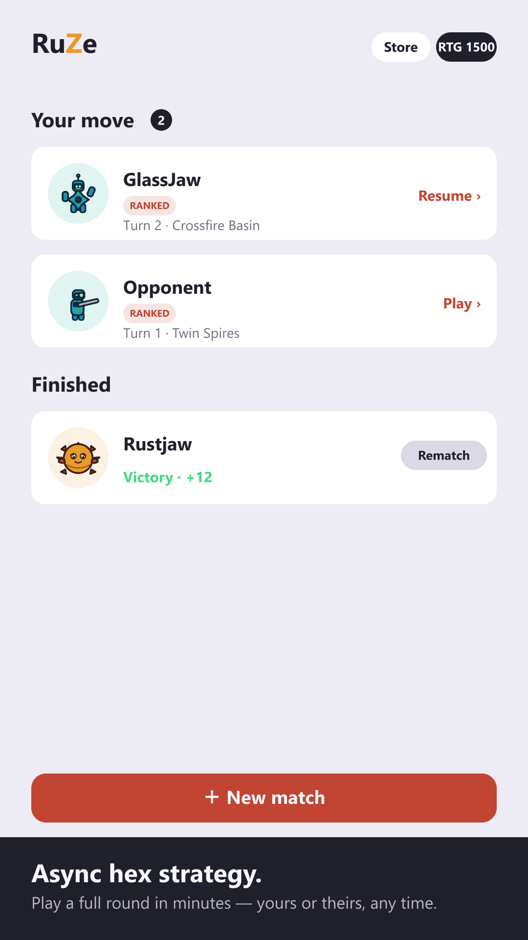 The RuZe lobby showing open challenges, ranked queue, and bot match options