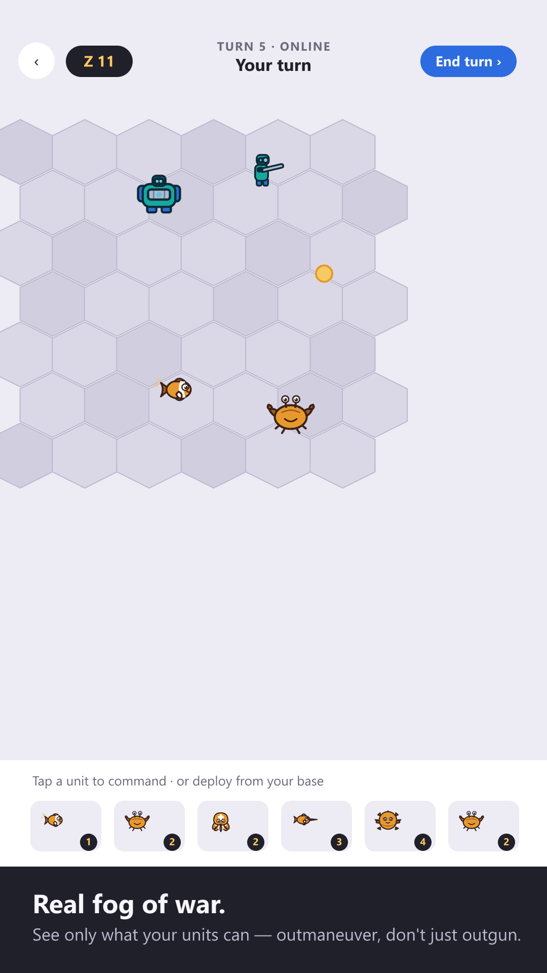 A RuZe match in progress on a hex grid, with Empire units advancing under fog of war