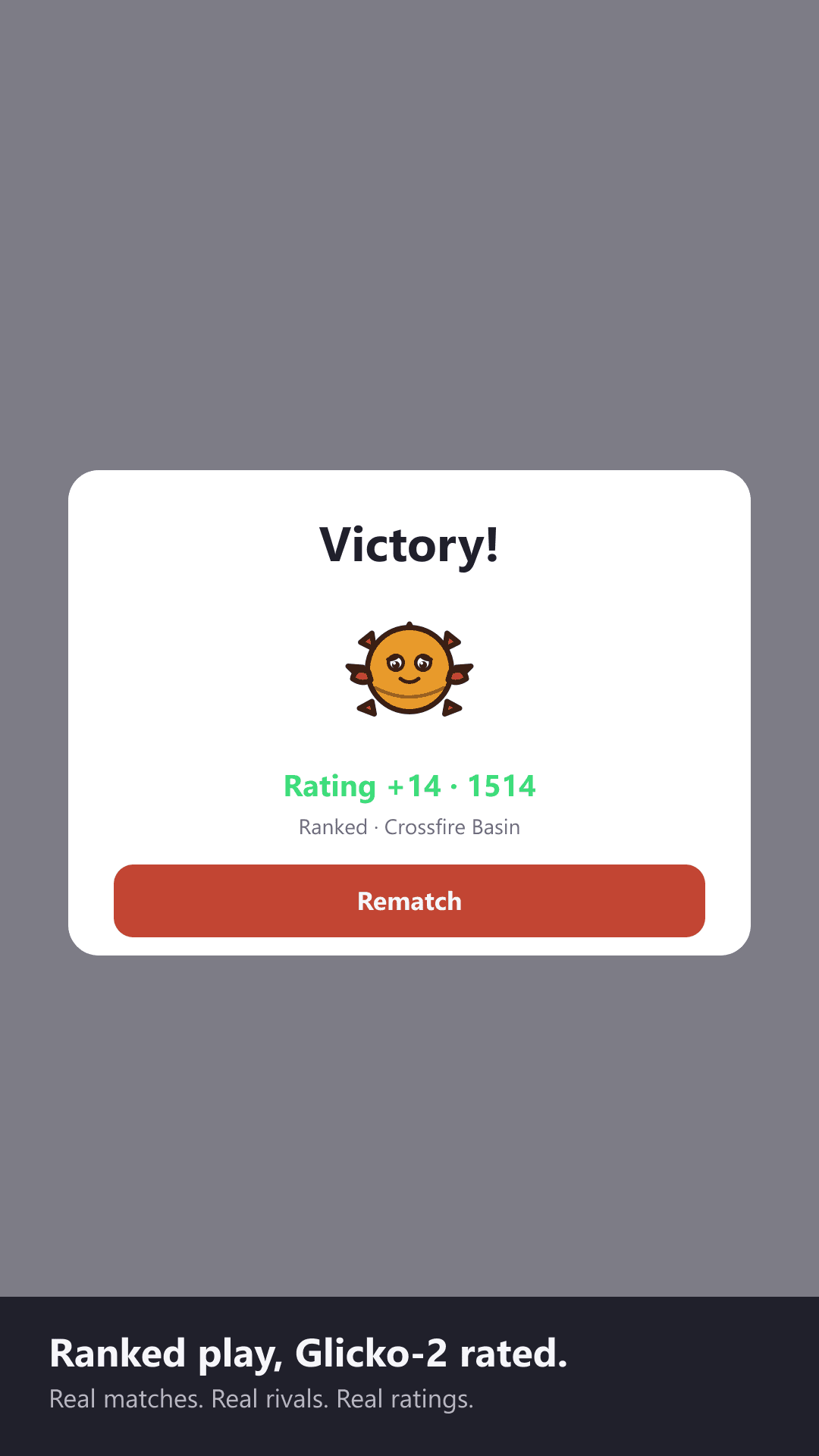 RuZe victory screen after a completed match, showing rating change