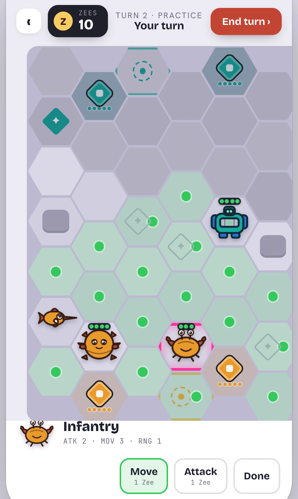 A RuZe Empire Infantry unit selected mid-match, its movement range highlighted across the hex grid and its stats and Zee costs shown below