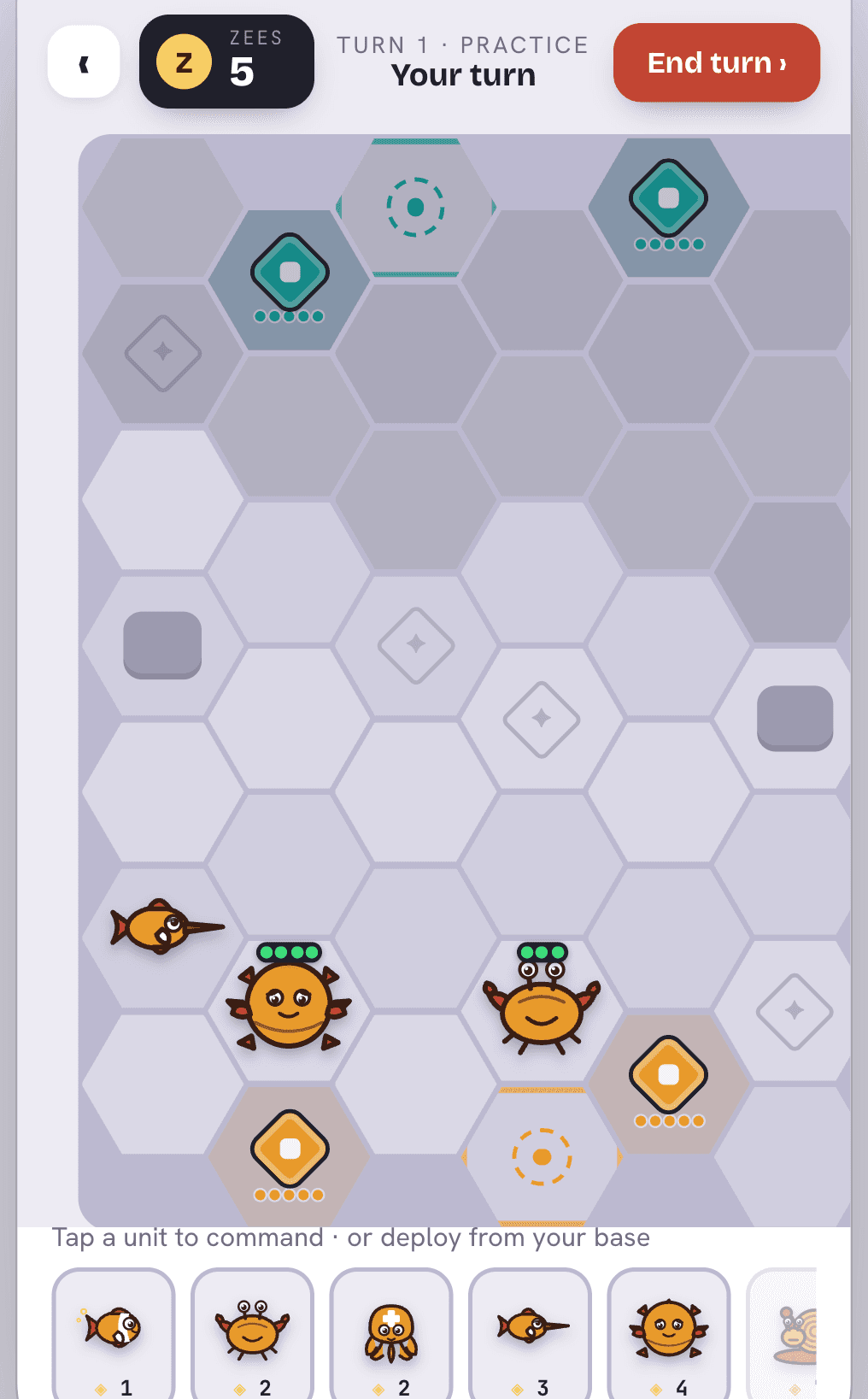 The opening turn of a RuZe match, showing both bases, the Empire unit roster and the fog of war covering enemy territory